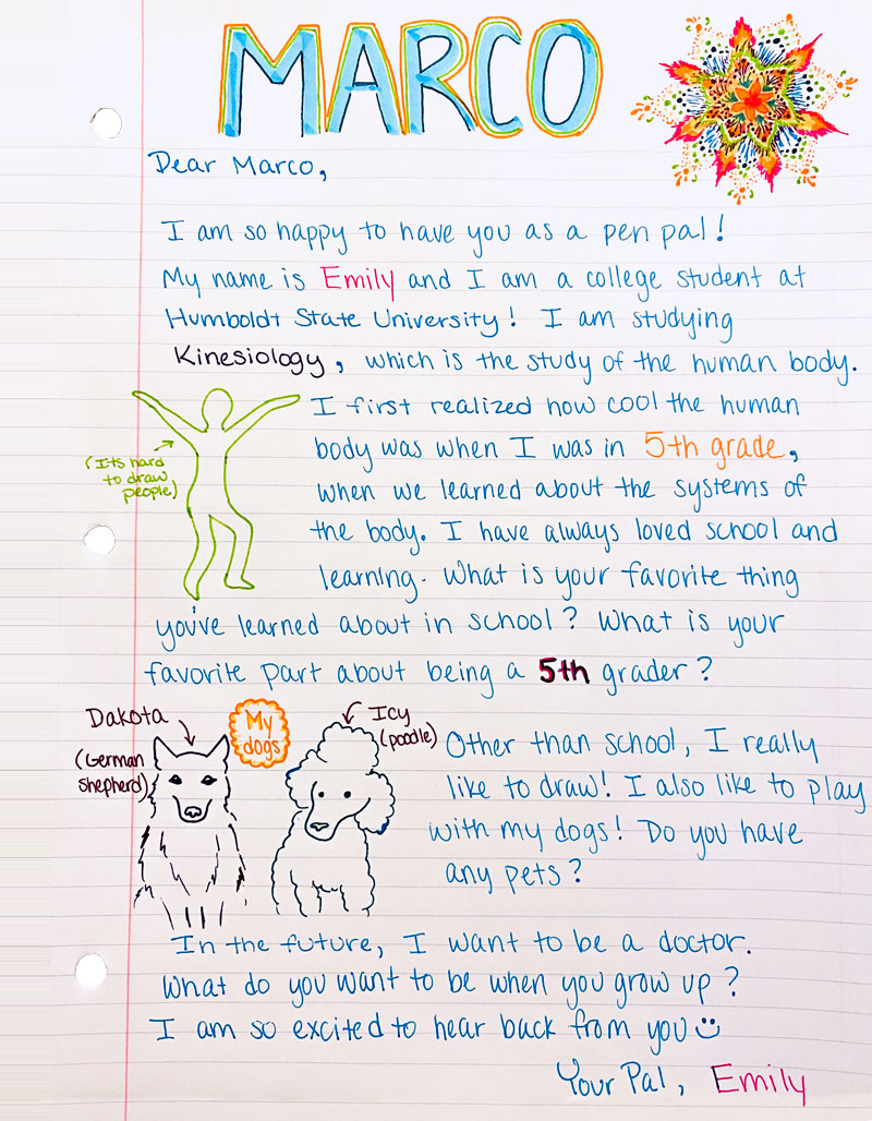 pen pal letter from a student to a fifth grader