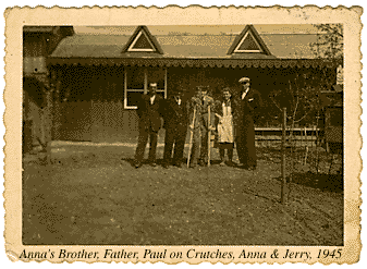Photograph of Anna's Brother, Father, Paul on Crutches, Anna and Jerry, 1945